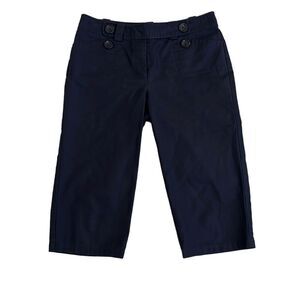 Ann Taylor 6P Navy Blue Lindsay Button Front Capri Crop Pants Pockets Flat Front